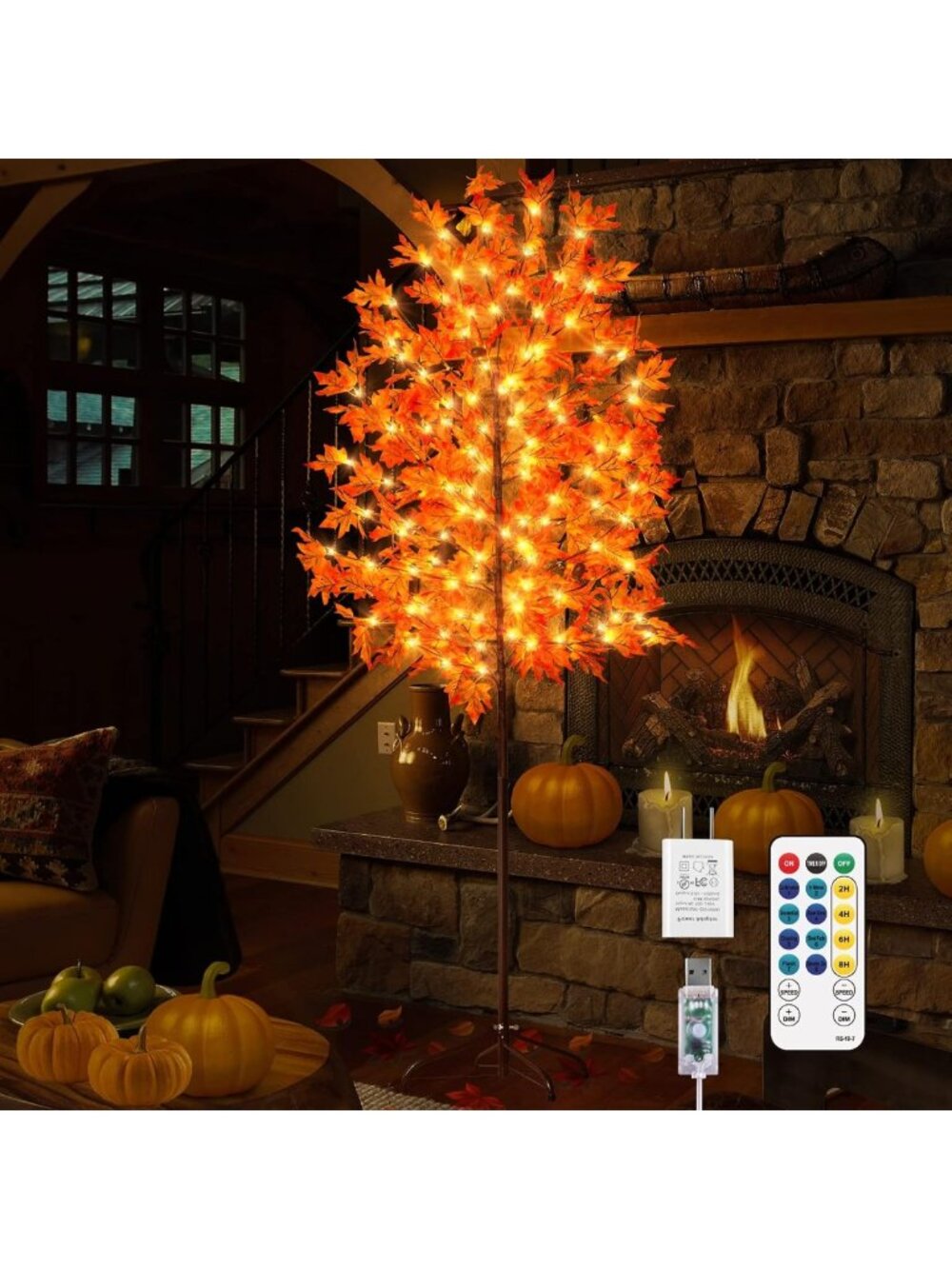 6FT LED Maple Tree Light with Pumpkins & Acorns - Fall Decor, Remote, 8 Modes